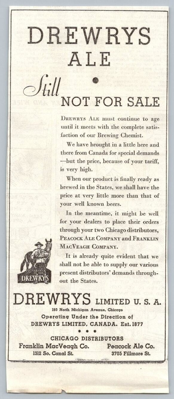 1930s Drewrys Ale Chicago Prohibition Era Advertising Print Ad Ephemera